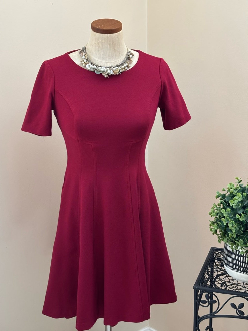 White House Black Market Short-Sleeve Fit-and-Flare Dress in Burgundy